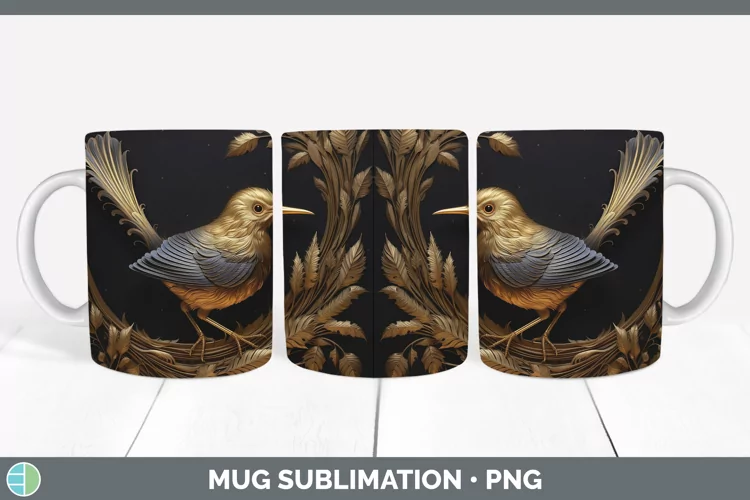 3D Black and Gold Wren Mug Wrap Sublimation Coffee Cup Desig