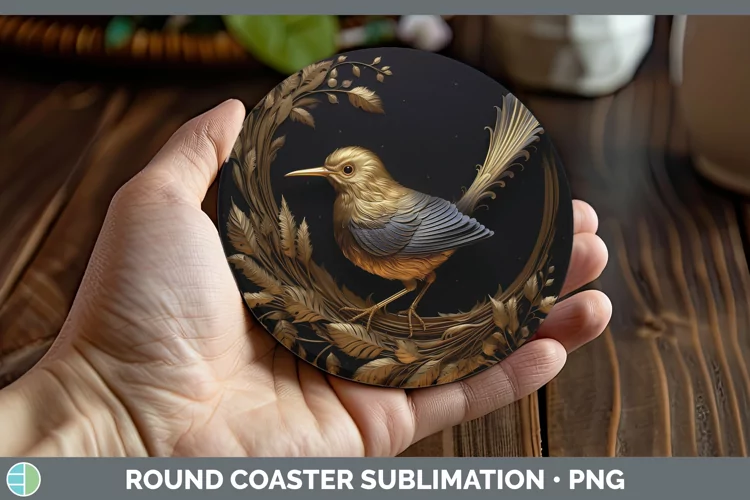 3D Black and Gold Wren Round Coaster Sublimation Coaster Des