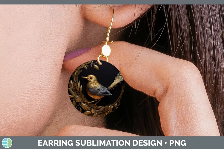 3D Black and Gold Wren Round Earrings Sublimation Earrings D