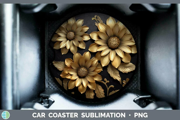 3D Black and Gold Zinnia Car Coaster Sublimation Coaster Des