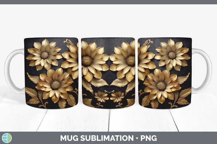 3D Black and Gold Zinnia Flowers Mug Wrap | Sublimation Coff