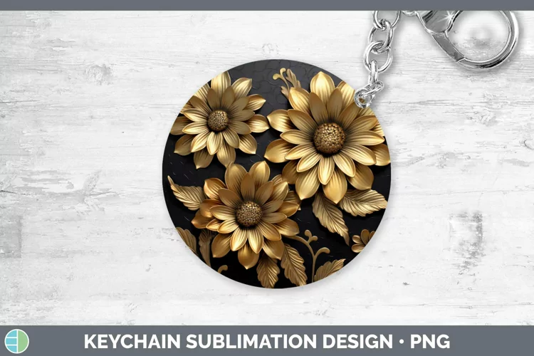 3D Black and Gold Zinnia Keychain Sublimation Keyring Design