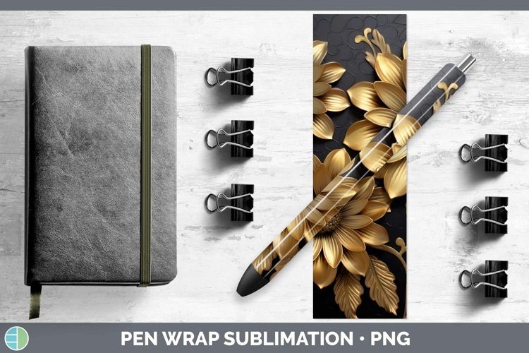 3D Black and Gold Zinnia Pen Wrap Sublimation Epoxy Pen Desi