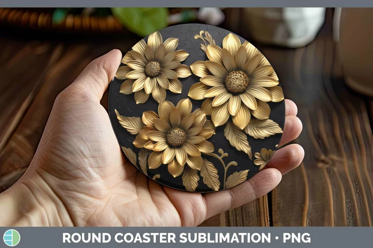 3D Black and Gold Zinnia Round Coaster Sublimation Coaster D