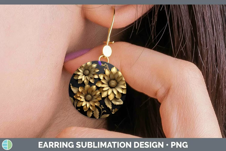 3D Black and Gold Zinnia Round Earrings Sublimation Earrings