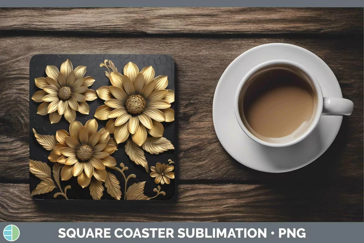 3D Black and Gold Zinnia Square Coaster Sublimation Coaster