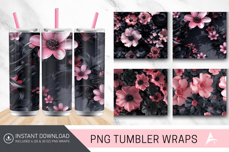 3D Black and Pink Flowers Tumbler Wrap example image 1
