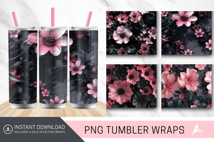 3D Black and Pink Flowers Tumbler Wrap