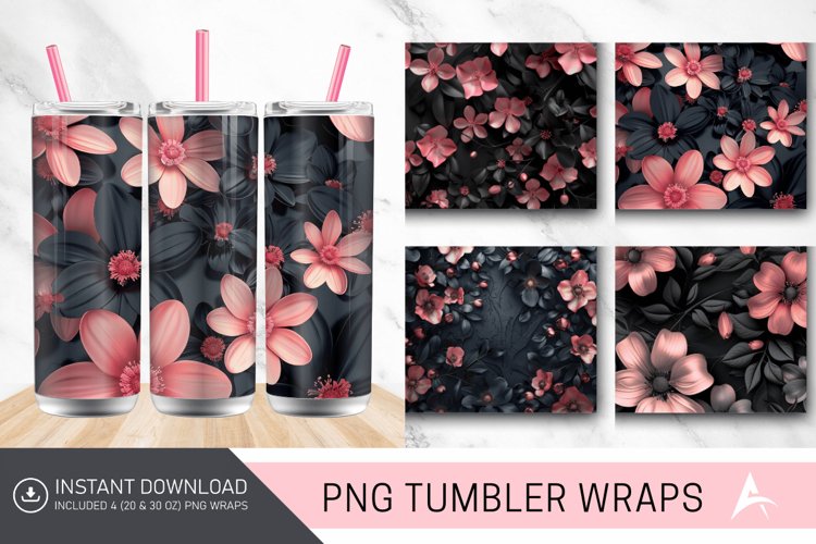 3D Black and Pink Flowers Tumbler Wrap example image 1
