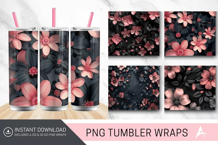 3D Black and Pink Flowers Tumbler Wrap