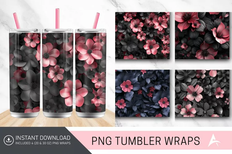 3D Black and Pink Flowers Tumbler Wrap