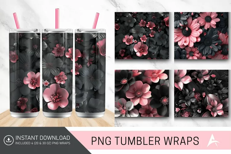 3D Black and Pink Flowers Tumbler Wrap