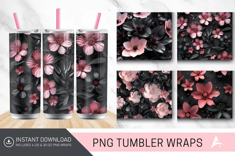 3D Black and Pink Flowers Tumbler Wrap