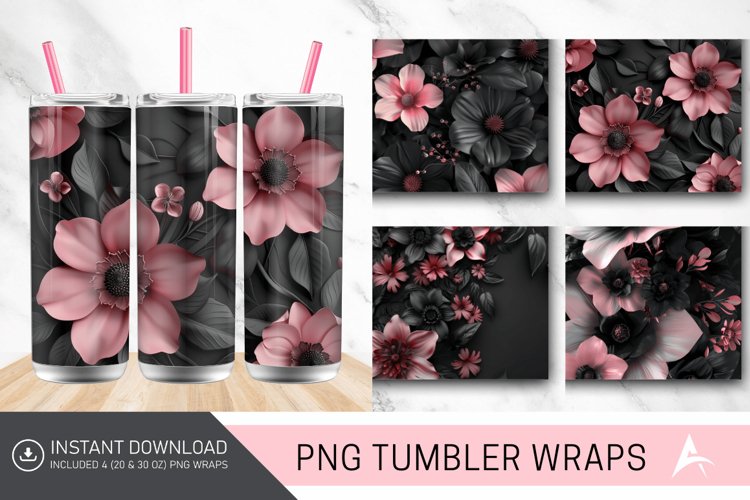 3D Black and Pink Flowers Tumbler Wrap example image 1
