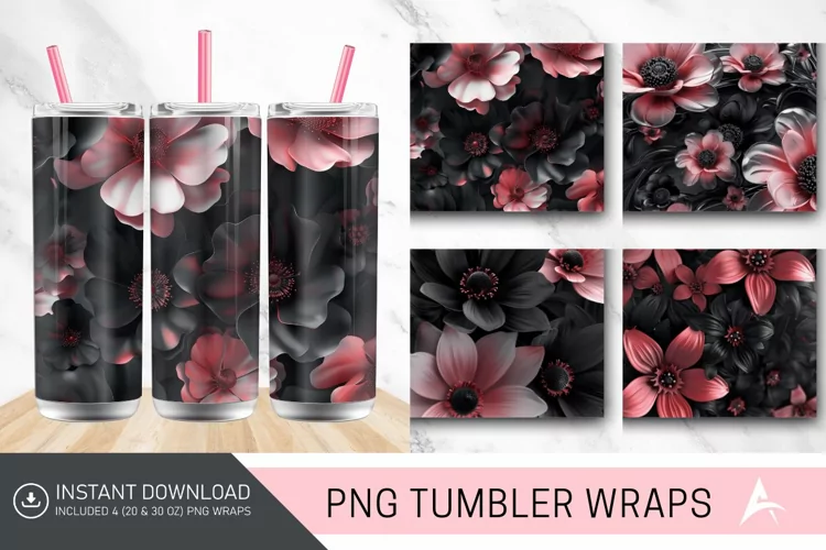 3D Black and Pink Flowers Tumbler Wrap