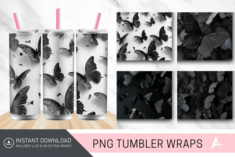 3D Black Butterflies Tumbler Wrap