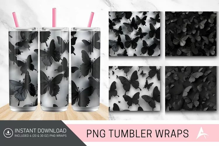 3D Black Butterflies Tumbler Wrap