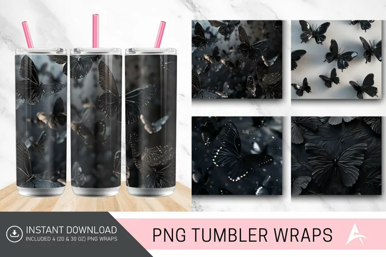 3D Black Butterflies Tumbler Wrap