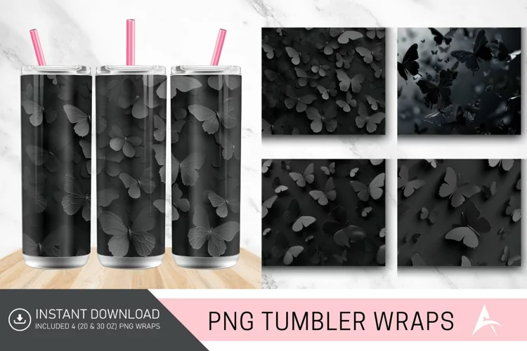 3D Black Butterflies Tumbler Wrap