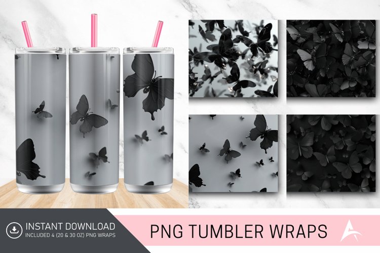 3D Black Butterflies Tumbler Wrap example image 1