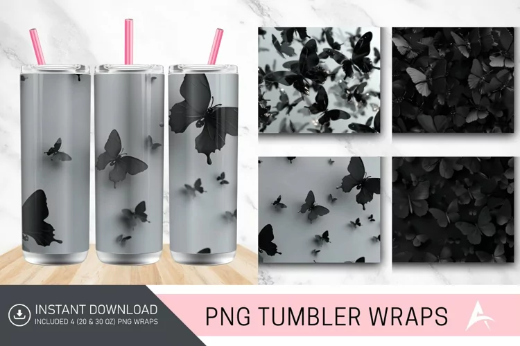 3D Black Butterflies Tumbler Wrap