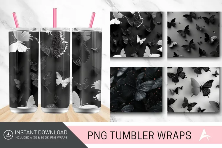 3D Black Butterflies Tumbler Wrap