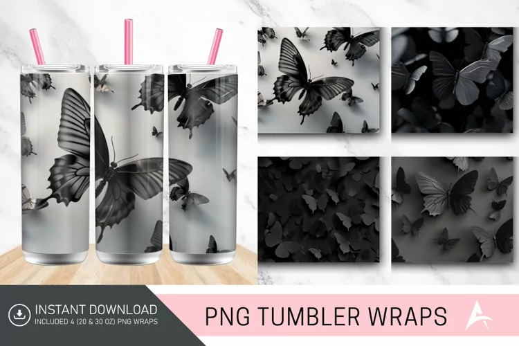 3D Black Butterflies Tumbler Wrap