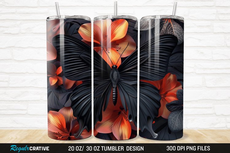 3D Black Butterfly Flower 20/30oz Skinny Tumbler example image 1