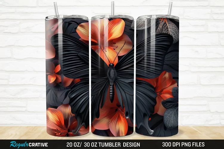 3D Black Butterfly Flower 20/30oz Skinny Tumbler