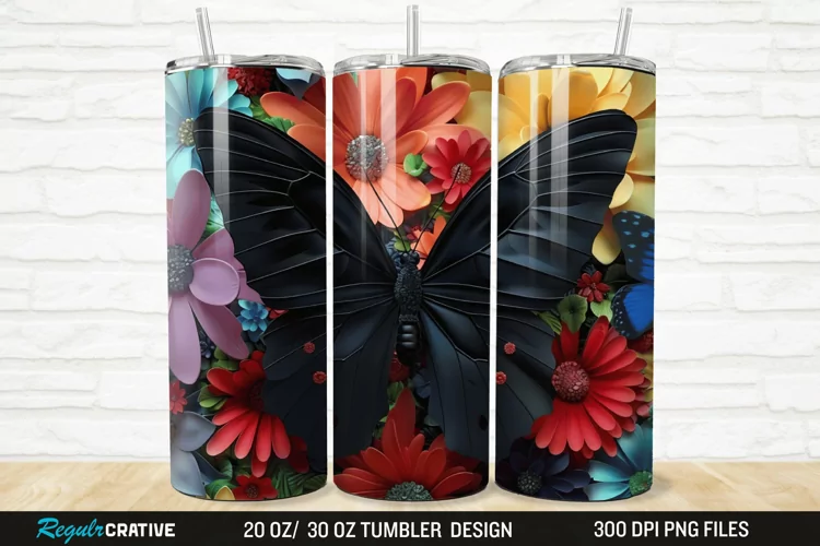 3D Black Butterfly Flower 20/30oz Skinny Tumbler