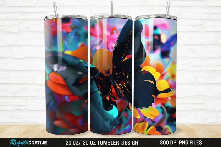 3D Black Butterfly Flower 20/30oz Skinny Tumbler