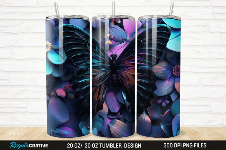 3D Black Butterfly Flower 20/30oz Skinny Tumbler example image 1