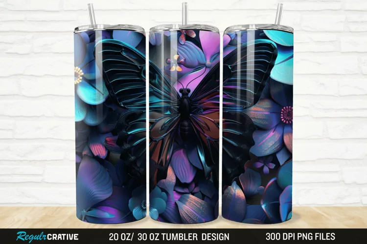 3D Black Butterfly Flower 20/30oz Skinny Tumbler