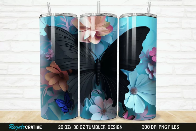 3D Black Butterfly Flower 20/30oz Skinny Tumbler