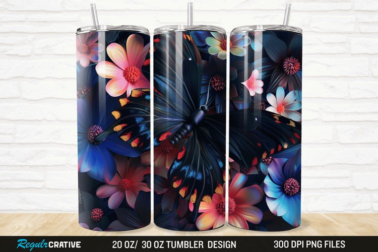 3D Black Butterfly Flower 20/30oz Skinny Tumbler example image 1