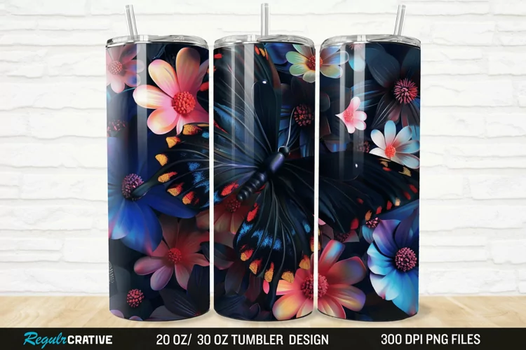 3D Black Butterfly Flower 20/30oz Skinny Tumbler