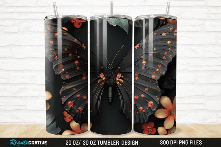 3D Black Butterfly Flower 20/30oz Skinny Tumbler example image 1