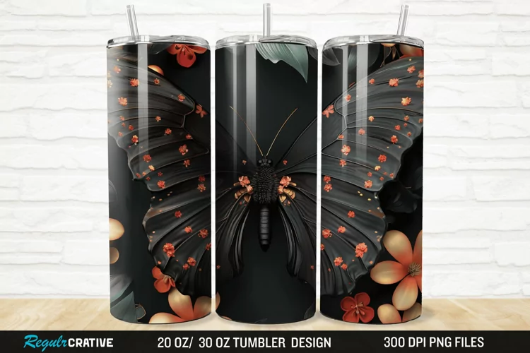 3D Black Butterfly Flower 20/30oz Skinny Tumbler