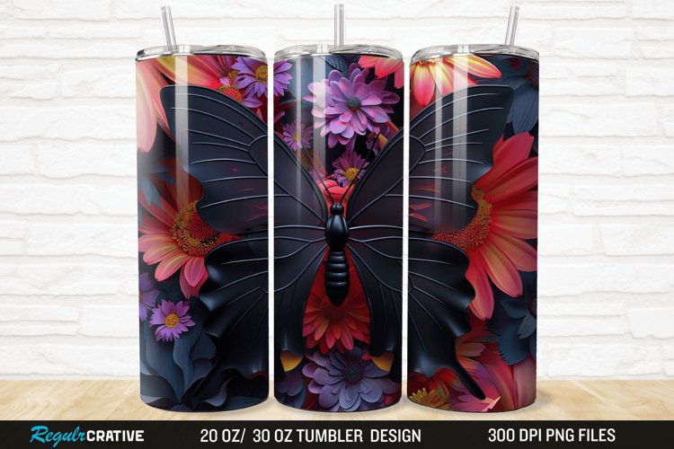 3D Black Butterfly Flower 20/30oz Skinny Tumbler example image 1
