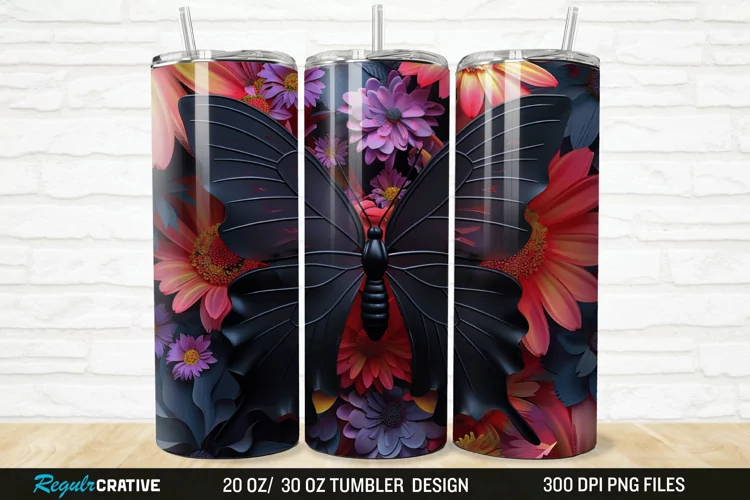 3D Black Butterfly Flower 20/30oz Skinny Tumbler