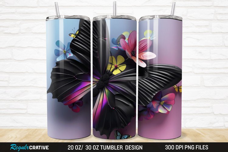 3D Black Butterfly Flower 20/30oz Skinny Tumbler example image 1
