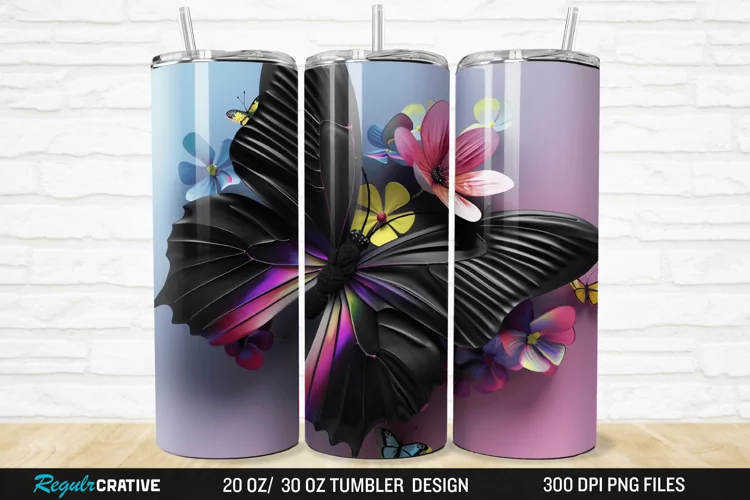 3D Black Butterfly Flower 20/30oz Skinny Tumbler