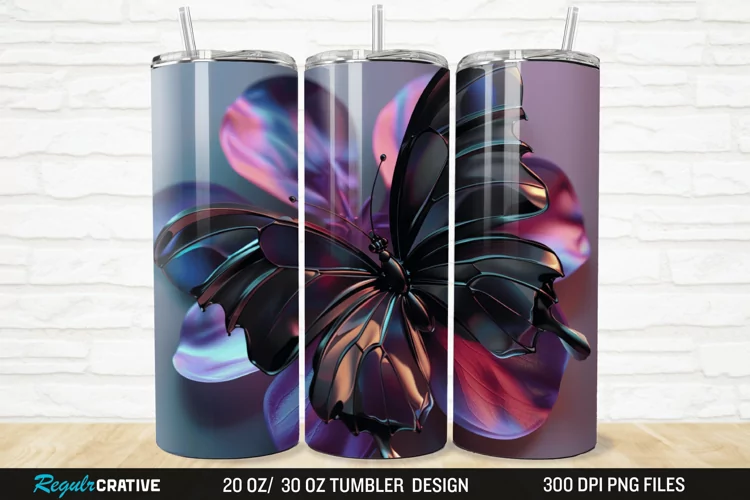 3D Black Butterfly Flower 20/30oz Skinny Tumbler