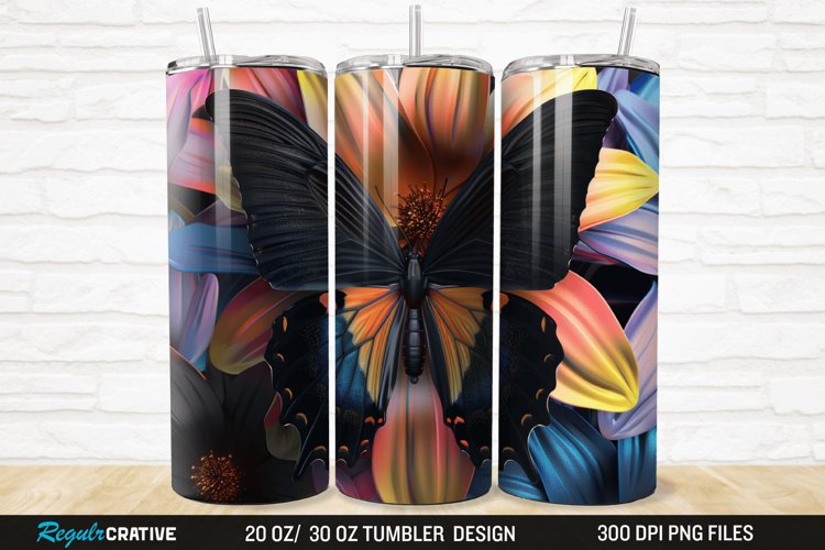 3D Black Butterfly Flower 20/30oz Skinny Tumbler example image 1