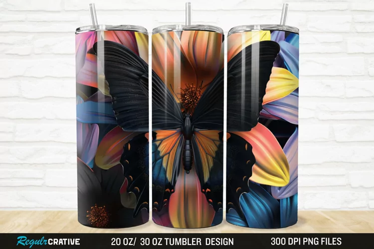 3D Black Butterfly Flower 20/30oz Skinny Tumbler