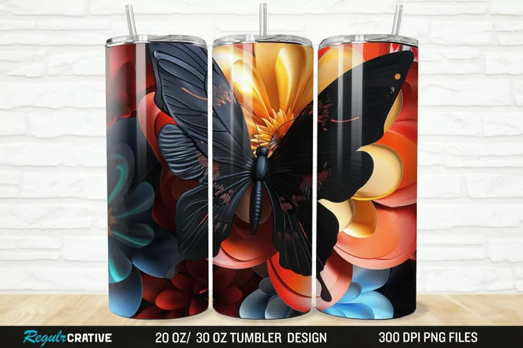 3D Black Butterfly Flower 20/30oz Skinny Tumbler