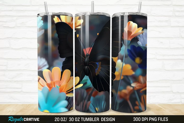 3D Black Butterfly Flower 20/30oz Skinny Tumbler