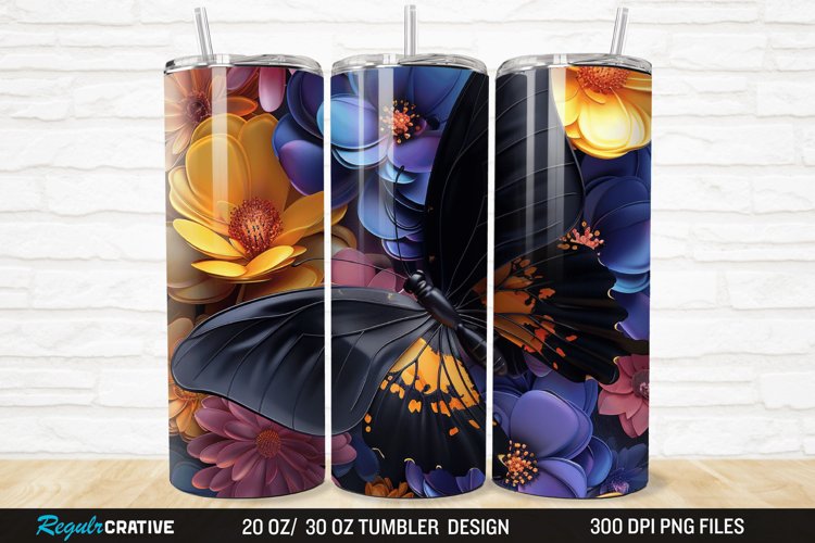 3D Black Butterfly Flower 20/30oz Skinny Tumbler example image 1
