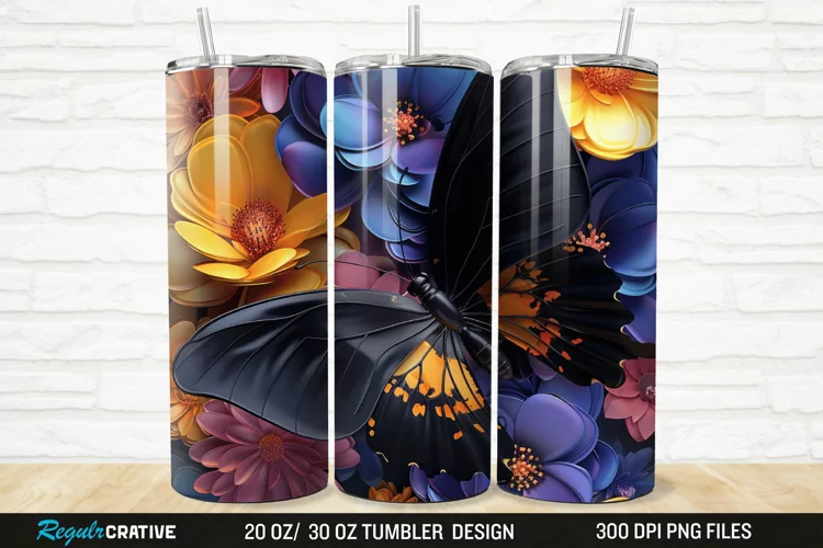 3D Black Butterfly Flower 20/30oz Skinny Tumbler