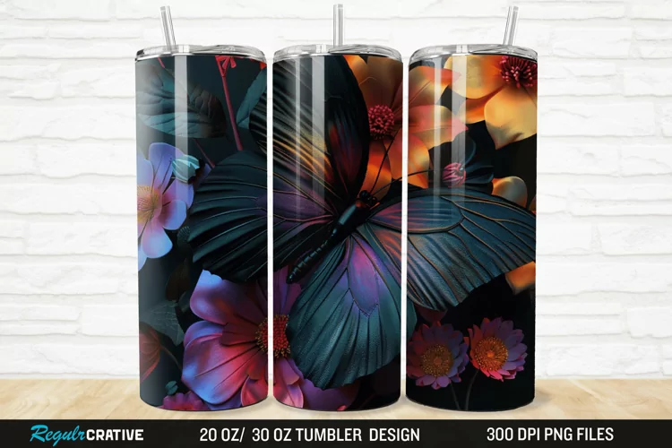 3D Black Butterfly Flower 20/30oz Skinny Tumbler